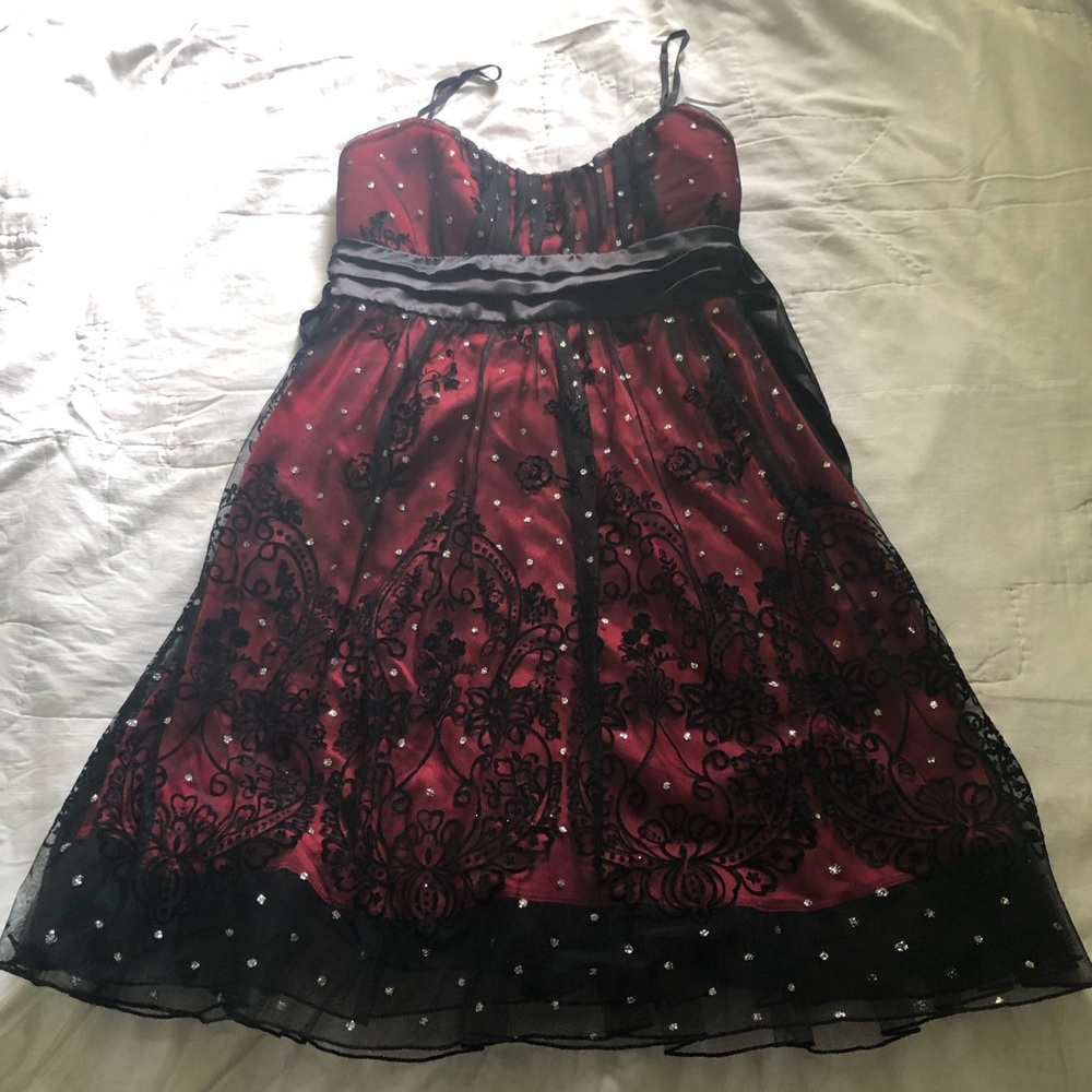 Semi formal red dress with black satin bow